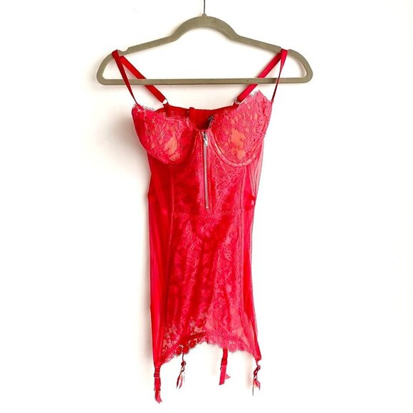 Victorias Secret Red Lace Mesh Garter Bustier Slip 36D - Picture 2 of 6